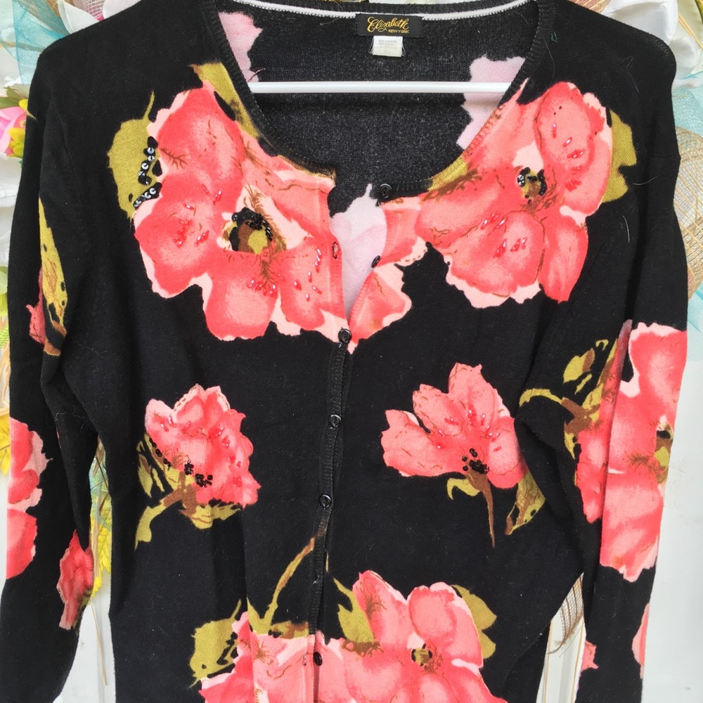 ELIZABETH New York Vintage Beaded Floral Print Cardigan size M EUC - Picture 9 of 12